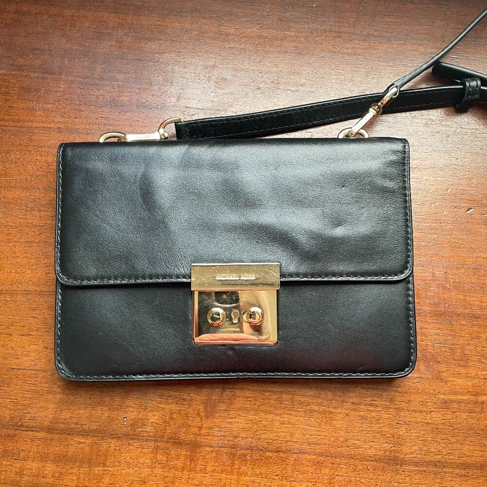 Michael Kors Black Leather Accordion Crossbody Bag Gold Tone Lock
